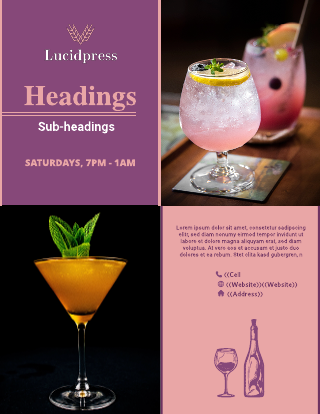 Bar Drinks on Vivid Violet and Sweet Pink Bar Flyer Template