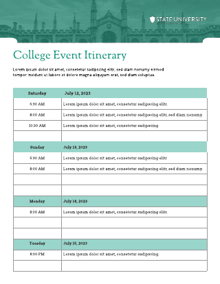 Teal College itinerary Daily Schedule Template
