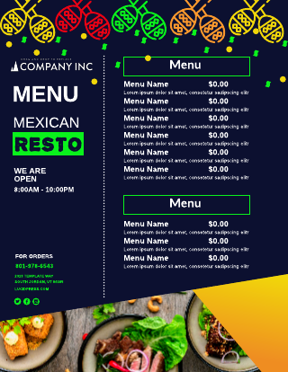 Yellow Green, Dark Blue Mexican Restaurant Menu Template
