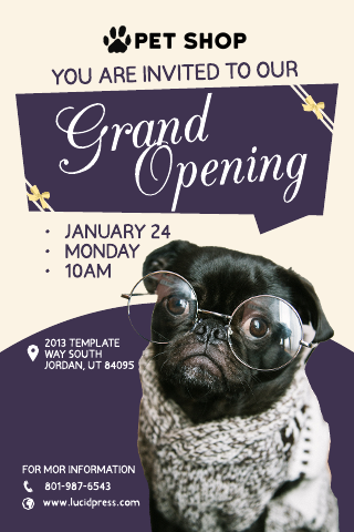 Purple Pet Shop Grand Opening Invitation Template